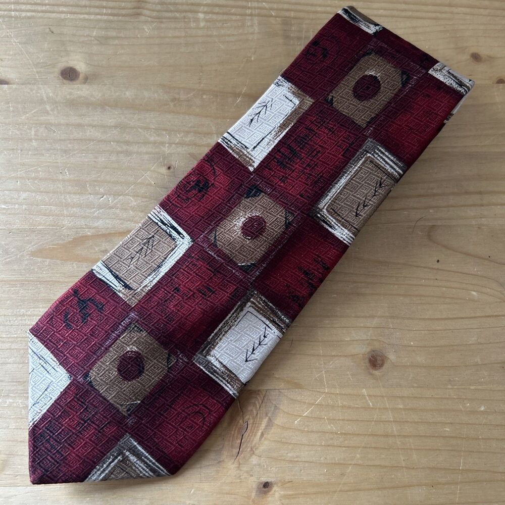 Countess Mara  Tie Burgundy/Beige/Ivory Abstract Artsy Checks Necktie 58" x 4"